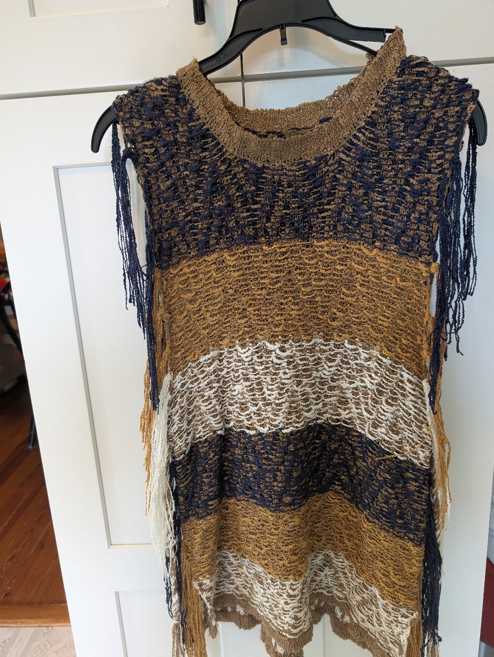 Vintage Miss Me Sleeveless Fringed Knit Stripe Sleeveless Tunic, Sz Sm